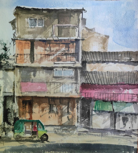 City Slums (ART-7901-100606) - Handpainted Art Painting - 10 in X 11in