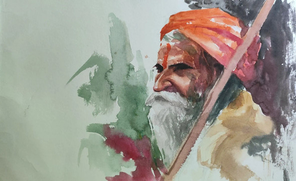 Sadhu (ART-7901-100607) - Handpainted Art Painting - 11 in X 7in