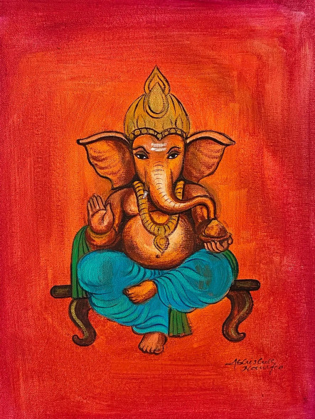 Ganesha (ART-3512-100649) - Handpainted Art Painting - 11in X 14in