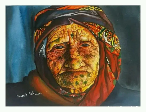 Old Woman (ART-15166-100653) - Handpainted Art Painting - 12 in X 16in