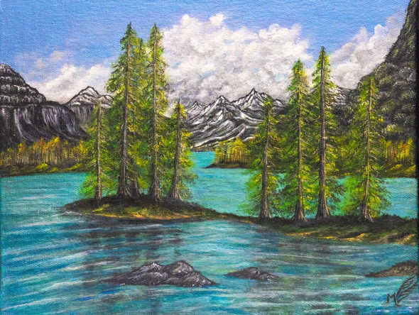 Lake And Mountatin (ART-15138-100654) - Handpainted Art Painting - 11 in X 8in
