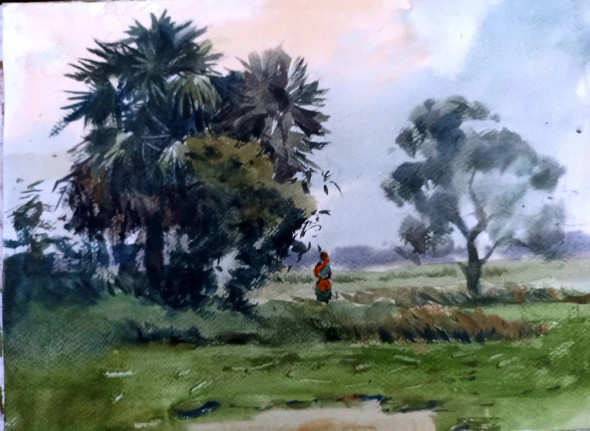 The Evening (ART-15063-100726) - Handpainted Art Painting - 17 in X 12in