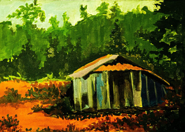 Forest Hut (ART-15198-100796) - Handpainted Art Painting - 17in X 11in