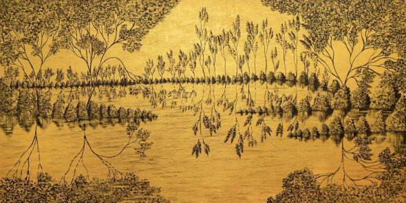 Golden Waters (ART-752-100817) - Handpainted Art Painting - 96 in X 48in