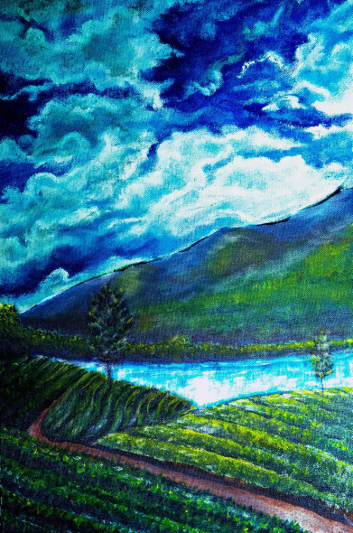 Mountain Lake Munnar (ART-15198-100809) - Handpainted Art Painting - 12 in X 18in