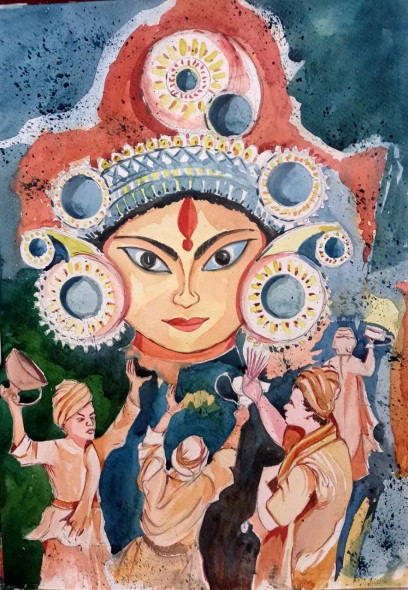 MAA DURGA (ART-8950-100882) - Handpainted Art Painting - 12 in X 16in