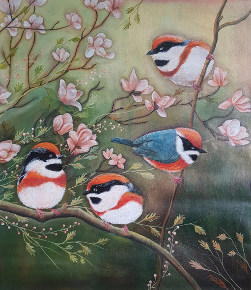 Birds And Berries (ART-15218-100930) - Handpainted Art Painting - 36 in X 40in