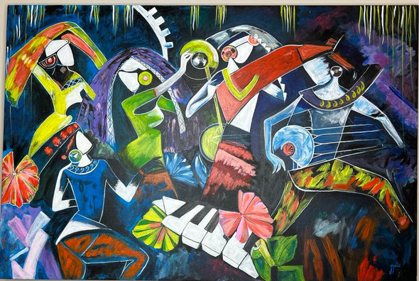 Village Folk Music And Dance At Night. (ART-9015-100926) - Handpainted Art Painting - 36 in X 24in