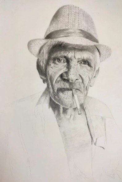 Old Man With Cigar (ART-15215-100951) - Handpainted Art Painting - 11 in X 16in