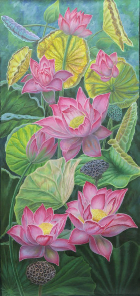 Lotuses (ART-15221-100981) - Handpainted Art Painting - 17 in X 36in