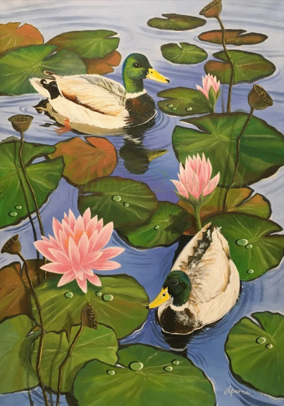 The Mallard Ducks (ART-15214-101008) - Handpainted Art Painting - 20 in X 28in