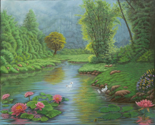 Nature's Beauty Lotuses And Ducks In A Pond (ART-15221-100991) - Handpainted Art Painting - 28 in X 23in