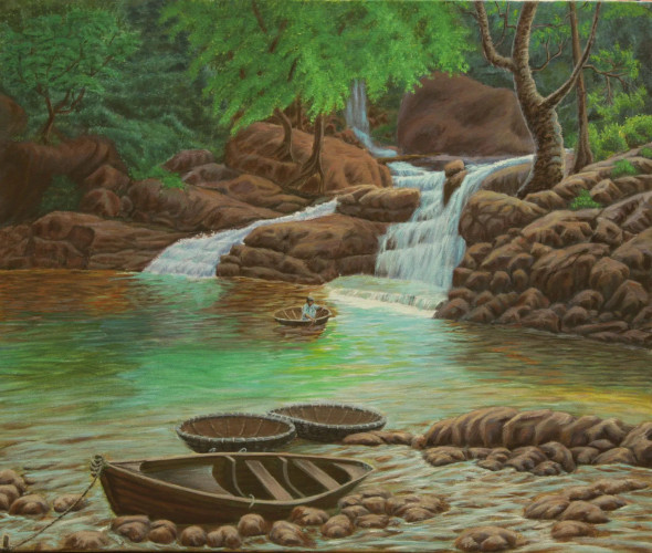 Boats And Waterfall In Forest (ART-15221-100989) - Handpainted Art Painting - 20 in X 24in