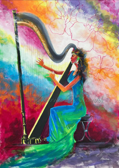 Soul Melody : Woman Playing The Harp (ART-15214-101035) - Handpainted Art Painting - 20 in X 28in