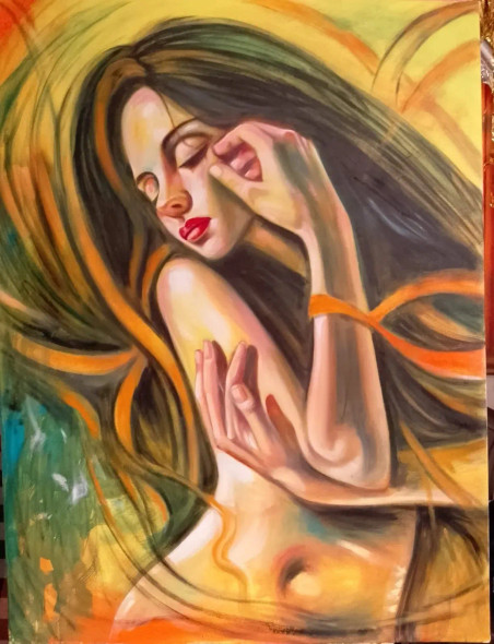 Handmade Beautiful Girl Painting (ART-15229-101024) - Handpainted Art Painting - 36 in X 48in