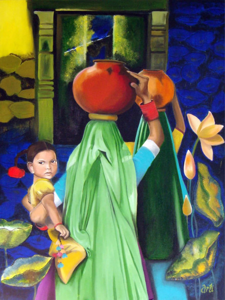 Work Is Worship (ART-1968-101012) - Handpainted Art Painting - 36 in X 48in
