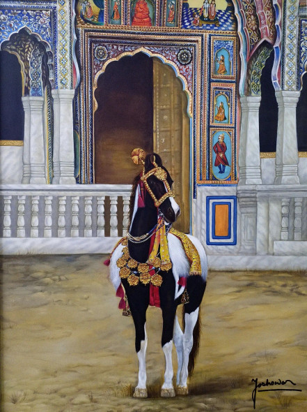Beautiful Marwari Stallion Rajkumar (ART-2078-101033) - Handpainted Art Painting - 36 in X 48in