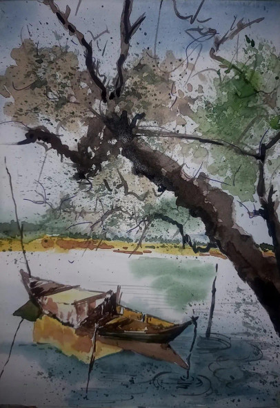 Boat Under Tree (ART-8950-101098) - Handpainted Art Painting - 8 in X 12in