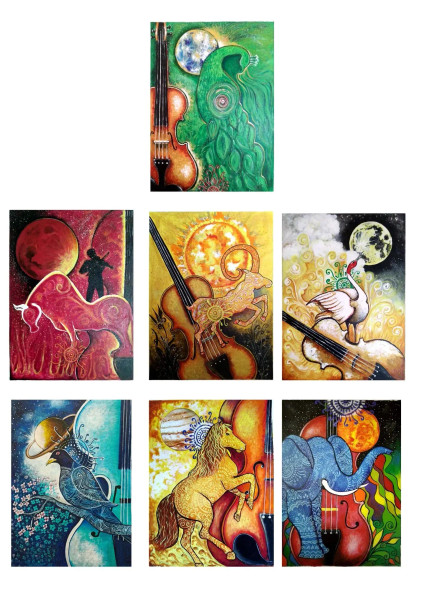 The Sapt Swaras, Seven Swaras Of Music (ART-6775-101091) - Handpainted Art Painting - 54 in X 72in