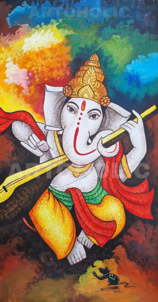 Ganesha Painting Abstract (ART-3319-101127) - Handpainted Art Painting - 24 in X 48in