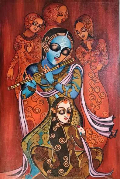 Lord Krishna With Radha (ART-15079-101145) - Handpainted Art Painting - 24 in X 36in