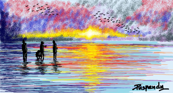 Sea Beach And Sunset (PRT-776-101190) - Canvas Art Print - 18in X 10in