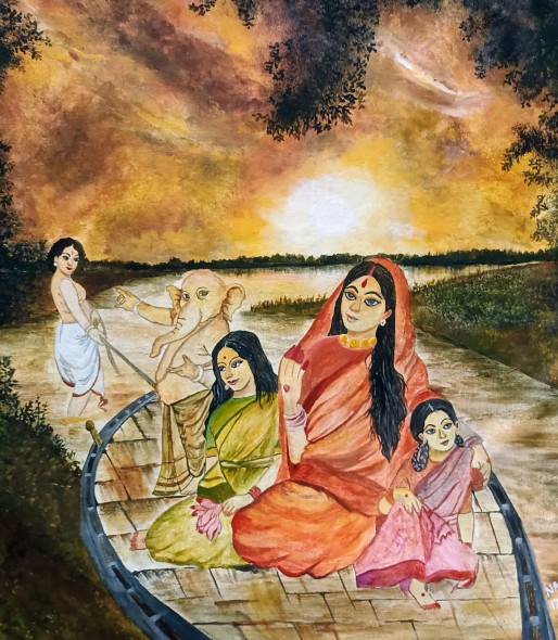 Maa Durga And Her Children (ART-8657-101270) - Handpainted Art Painting - 27 in X 32in