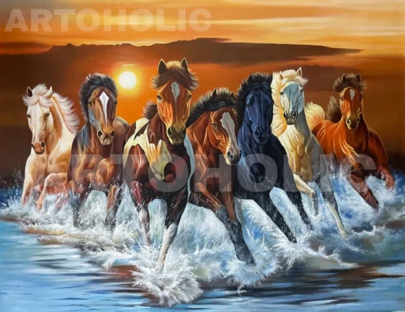 7 Running Horses Painting As Per Vastu (ART-3319-101301) - Handpainted Art Painting - 48in X 36in