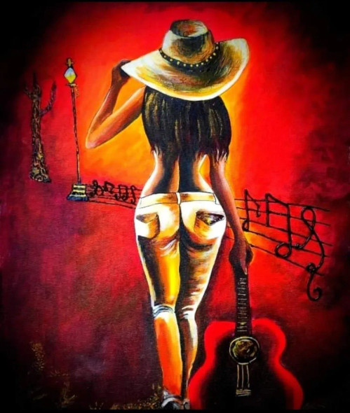 A Girl With Guitar (ART-8507-101333) - Handpainted Art Painting - 16 in X 20in