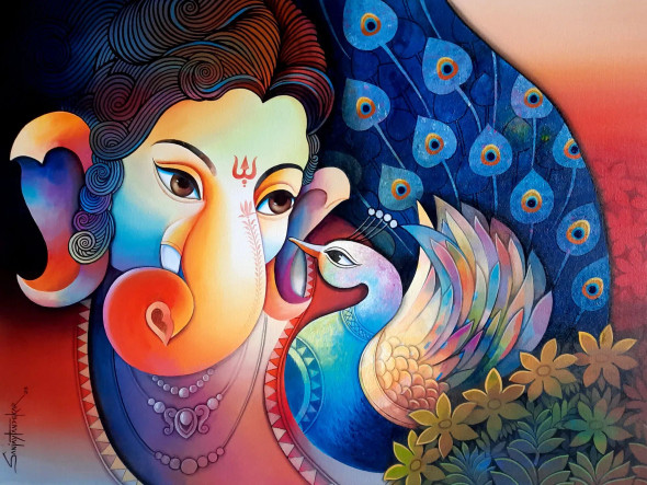 Lord Ganesha 9 (ART-3298-101351) - Handpainted Art Painting - 48 in X 36in