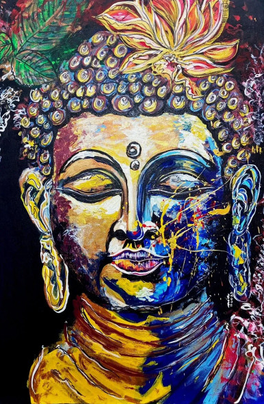 ROYAL BUDDHA 24"X36" - MODERN ART PAINTING MEDITATION FLORAL MISSMESSYARTIST (ART-1538-101454) - Handpainted Art Painting - 24in X 36in