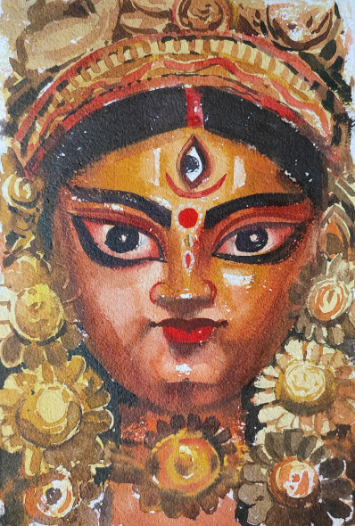 Ma Durga (ART-7901-101479) - Handpainted Art Painting - 7 in X 11in