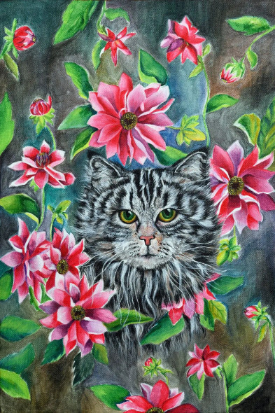 Cat In The Garden (ART-8920-101450) - Handpainted Art Painting - 12 in X 18in