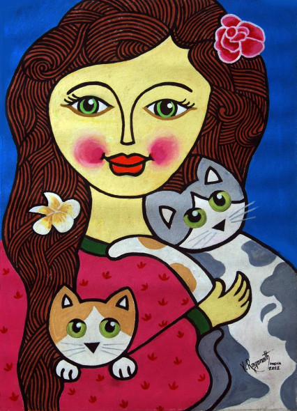 LASSIE  WITH  PUSSY  CATS (ART-1223-101437) - Handpainted Art Painting - 14 in X 19in