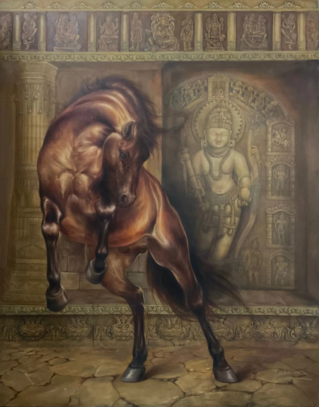 Horse In The Temple (ART-2078-101505) - Handpainted Art Painting - 48 in X 60in