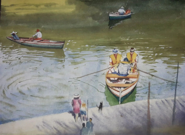 Oriental Water Colour Boat Painting (ART-15104-101542) - Handpainted Art Painting - 15 in X 11in