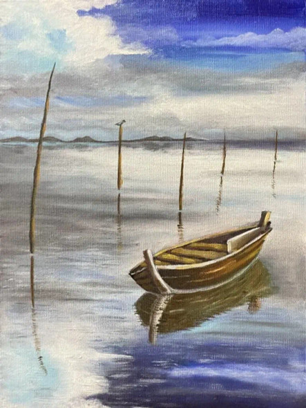 A Boat In Blue Sky And Blue Water (ART-15277-101602) - Handpainted Art Painting - 12 in X 16in