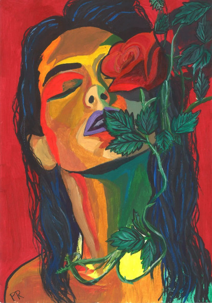 Roses And Women (ART-9104-100578) - Handpainted Art Painting - 8 in X 11in