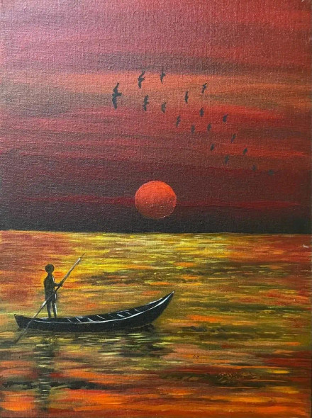 Sun Going Down, Its Time To Return Home (ART-15277-101600) - Handpainted Art Painting - 12 in X 16in