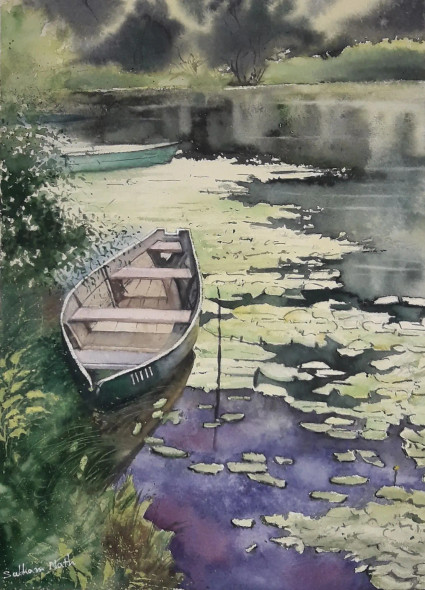 Original Watercolor Rowboat Painting. (ART-15104-101647) - Handpainted Art Painting - 15 in X 11in