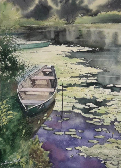 Original Watercolor Rowboat Painting. (ART-15104-101647) - Handpainted Art Painting - 15 in X 11in