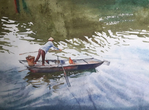 Kerala Backwaters Boat Painting (ART-15104-101655) - Handpainted Art Painting - 15 in X 11in
