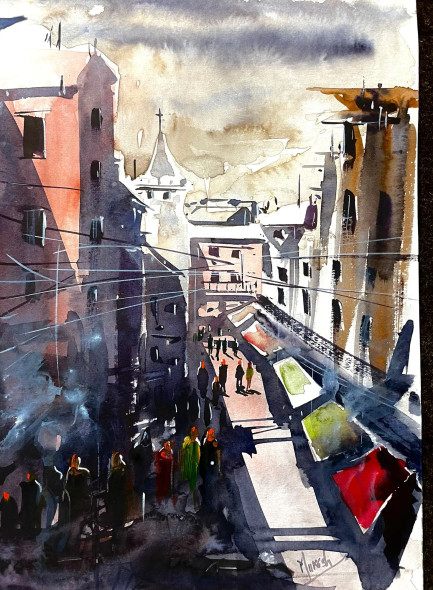 Busy Street 03 (ART-8987-101687) - Handpainted Art Painting - 8 in X 11in