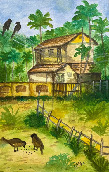Kerala Landscape (ART-15407-101772) - Handpainted Art Painting - 6 in X 8in