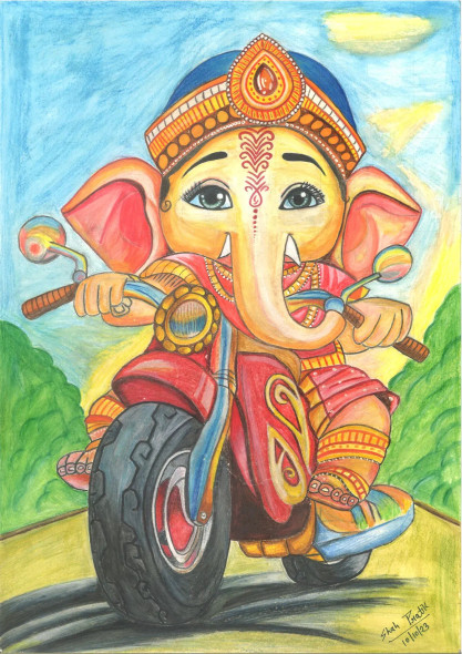 Bal Ganesh (ART-15415-101733) - Handpainted Art Painting - 11 in X 16in