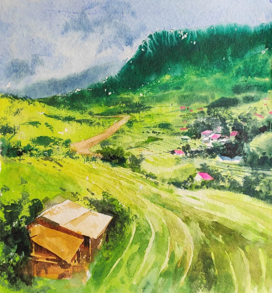 Green Land (ART-7901-101808) - Handpainted Art Painting - 10 in X 11in