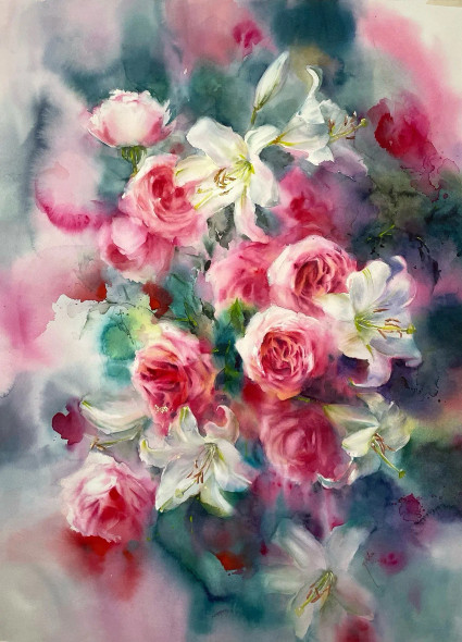 Lily, Rose (ART-8921-101861) - Handpainted Art Painting - 22 in X 30in