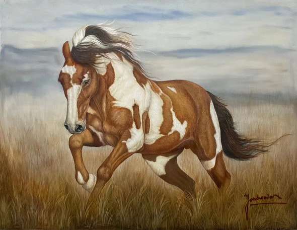 Mustang Horse Galloping  In The Fields. (ART-2078-101860) - Handpainted Art Painting - 40in X 30in