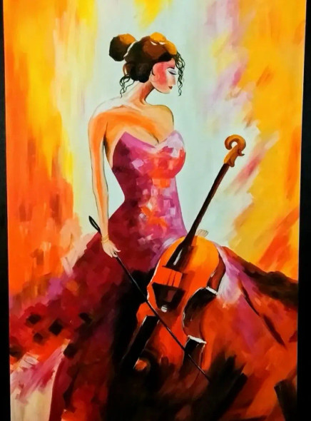 Girl With A Guitar (ART-15436-101841) - Handpainted Art Painting - 30 in X 40in