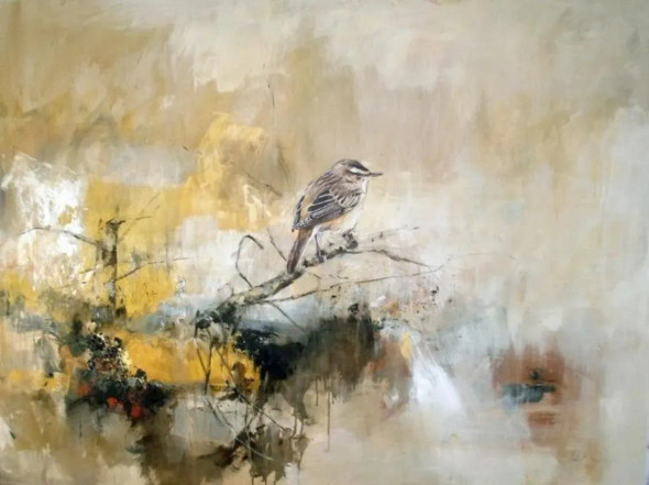Beautiful Bird With Abstract 13 (ART-1522-101905) - Handpainted Art Painting - 32 in X 24in